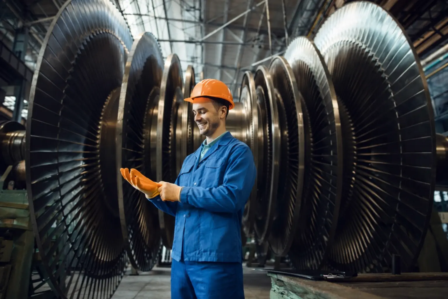 Industrial engineer inspecting steam turbine rotor stages in manufacturing and maintenance facility, Steam Turbine Inspection, Steam Turbine Troubleshooting